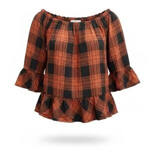 Beachlunchlounge Plaid Bell Sleeve Ruffle Top S/P Small Petite Boho Fall Rust